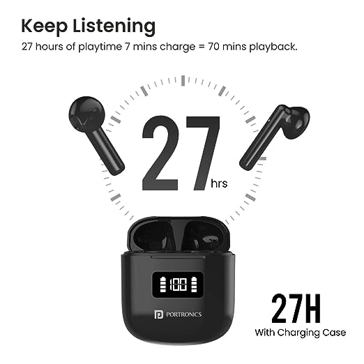 Portronics Harmonics Twins 26 TWS Earbuds with ENC, Bluetooth 5.1, 13mm Driver, 27Hrs Playtime, Digital Display, Type C Charging, Dual Mic.(Black) Portronics Harmonics Twins 26 TWS Earbuds with ENC, Bluetooth 5.1, 13mm Driver, 27Hrs Playtime, Digital Display, Type C Charging, Dual Mic.(Black)